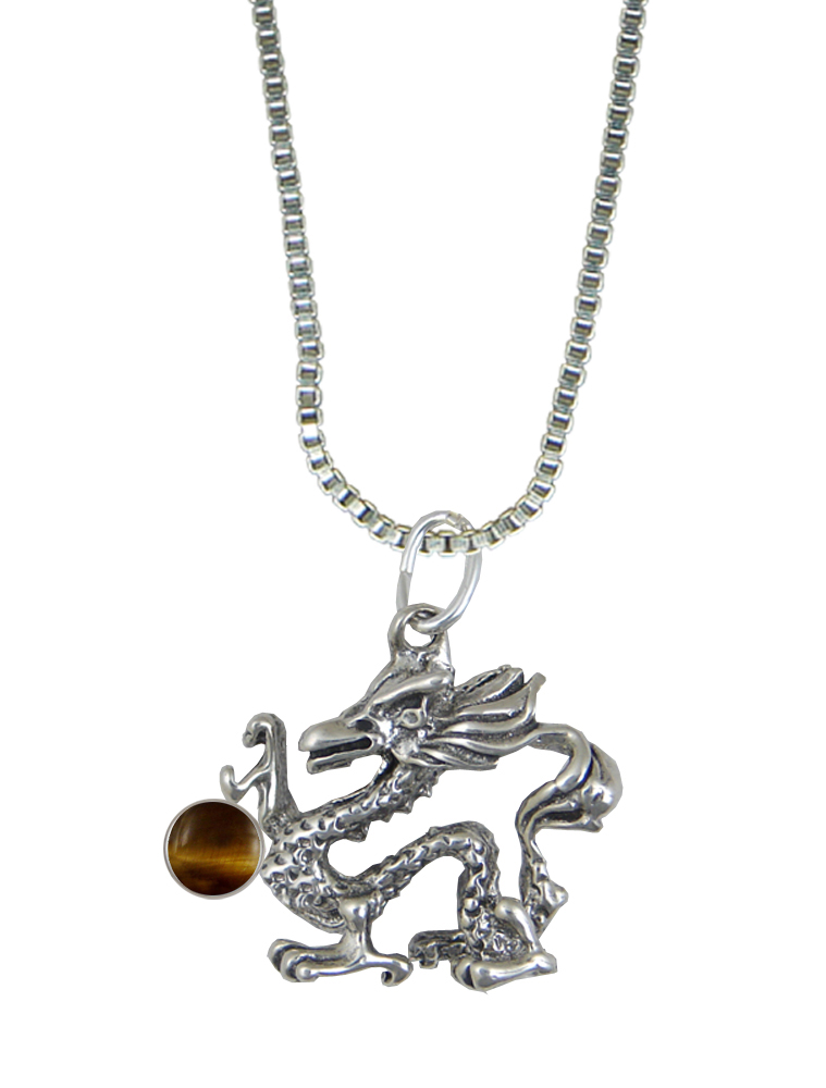 Sterling Silver Oriental Dragon Pendant With Tiger Eye